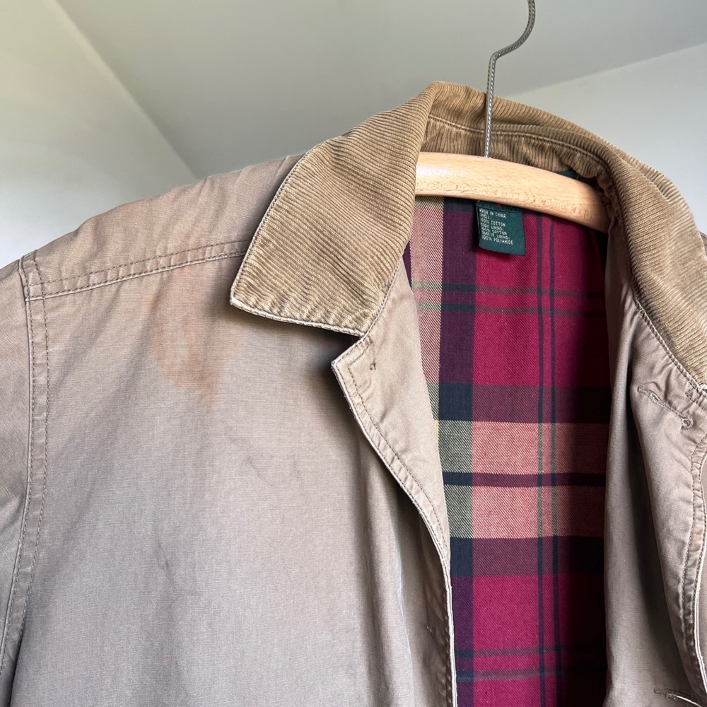 Vintage J.Crew Barn Jacket Small Tan Plaid Corduroy Collar Chore 90s Oarsman - Picture 5 of 8